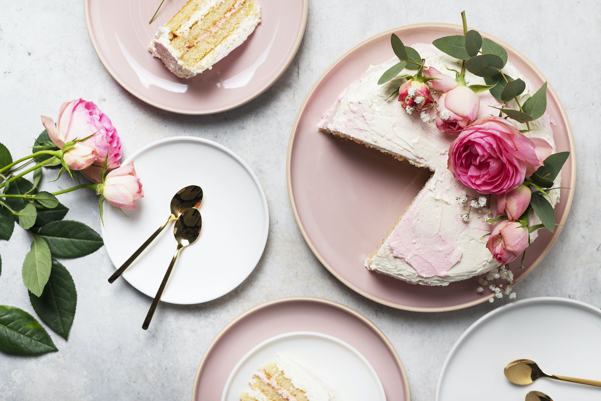 cake decorated with pink roses